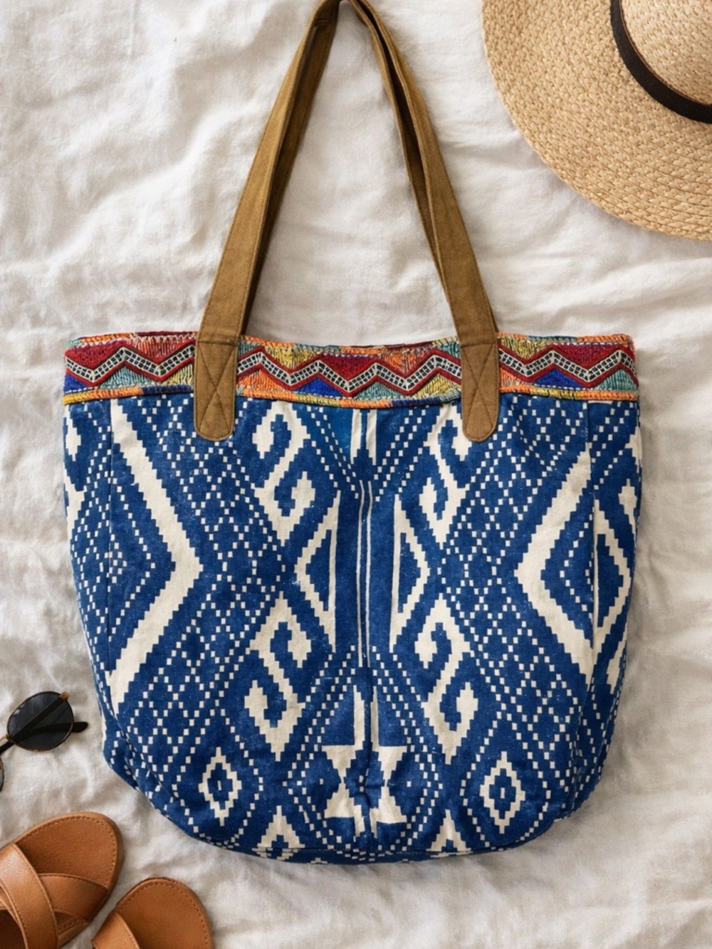 Boho Tribal Tote Bag Blue Canvas Aztec Beach Travel Shoulder Bag